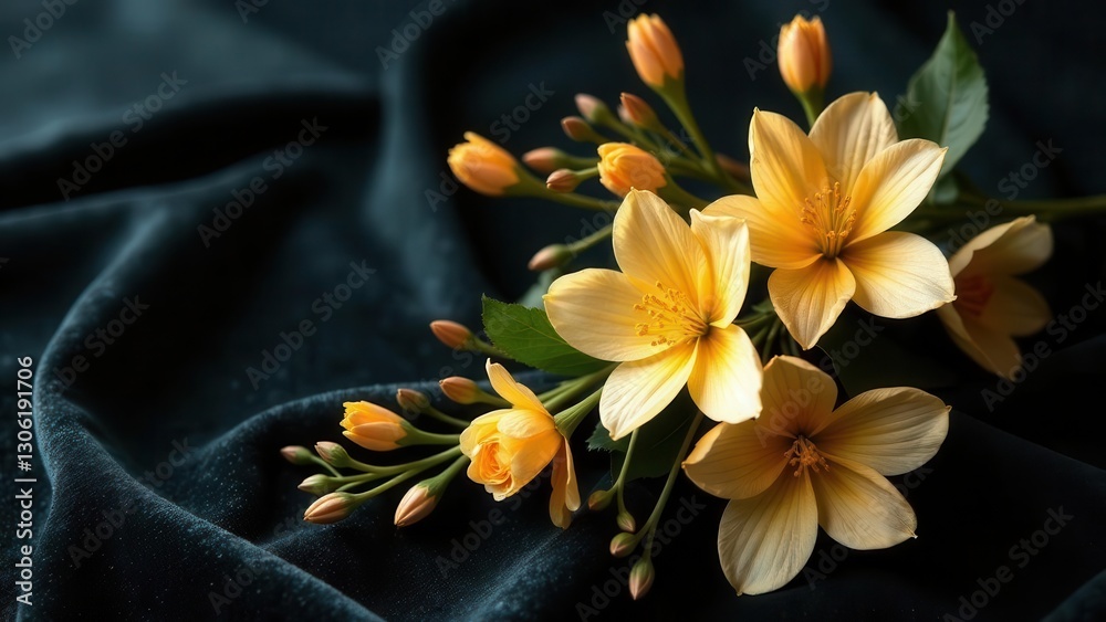 Obraz premium Delicate yellow blossoms arranged on dark fabric, showcasing their soft petals and vibrant centers, creating a serene and elegant floral composition.
