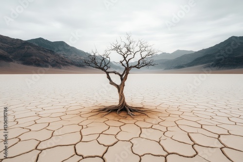 A desolate willow tree on a cracked and barren plain, its drooping branches the only sign of life in the lifeless expanse photo