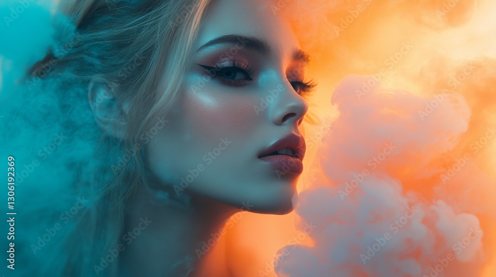 Fototapeta premium A night-time fantasy art piece captures a serene woman with a profile made of clouds, highlighting imagination in its design