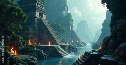 A mystical scene of Xibalba, the Mayan underworld, featuring ethereal landscapes shrouded in mist, ancient stone temples adorned with bioluminescent flora, and ghostly spirits weaving through the shad photo