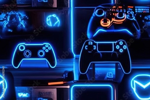 Wallpaper Mural Neon Gaming Controllers with Futuristic Glow in High-Tech Gaming Setup Torontodigital.ca
