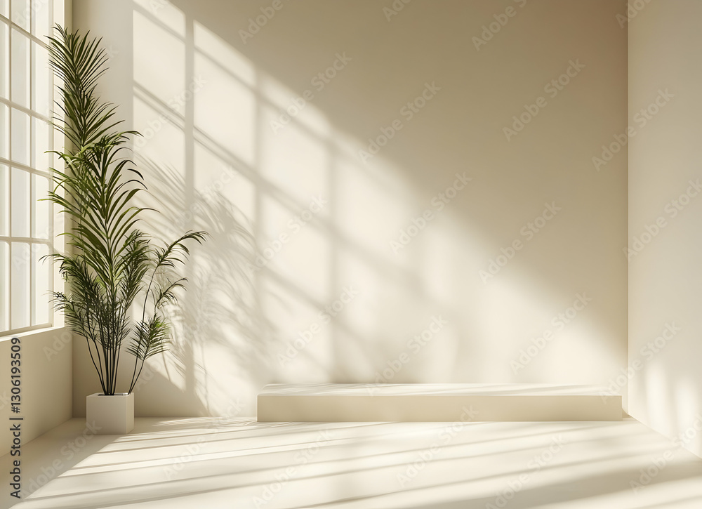 Bright minimalist interior with sunlight streaming through a window, creating a peaceful and serene atmosphere Bright minimalist interior with sunlight streaming through a window, creating a peaceful and serene atmosphere
