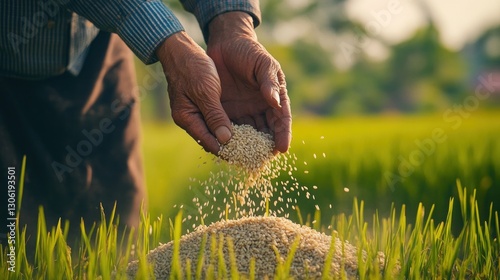 Farmer planting rice seeds in paddy field at sunset