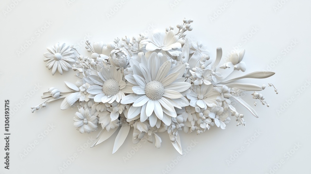White floral bouquet, 3D render, minimalist background, wedding invitation design White floral bouquet, 3D render, minimalist background, wedding invitation design