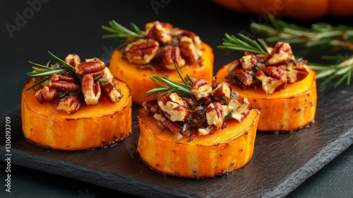 Thanksgiving dessert featuring pumpkin pie bites, garnished with pecans and mint leaves, presented on a slate background