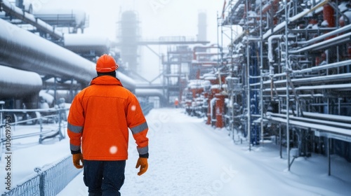 Worker walking snowy refinery, winter inspection