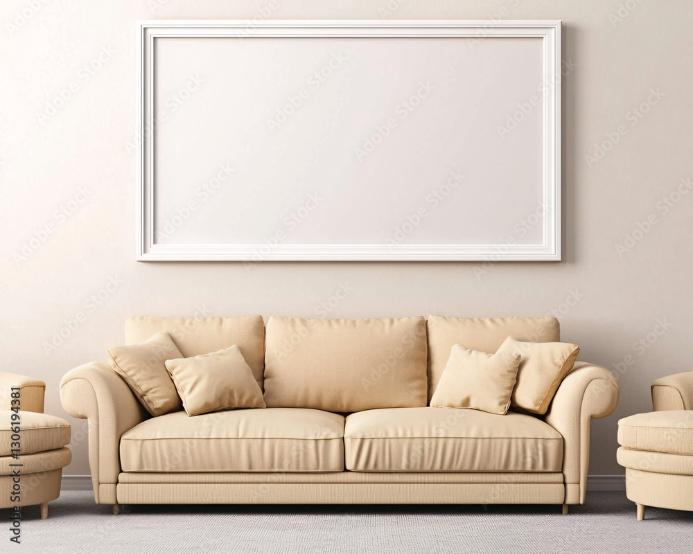 Fototapeta premium Elegant Living Room Interior with Comfortable Beige Sofa and Blank White Frame for Art Display