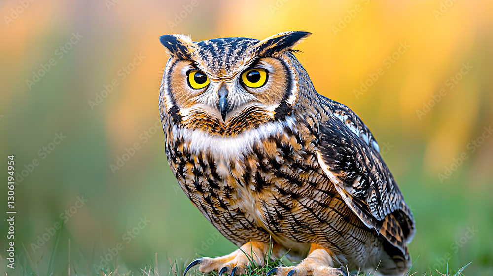 Fototapeta premium Great Horned Owl Portrait Nature Wildlife Hunter Bird with Intense Yellow Eyes Gaze Ornithology Fauna