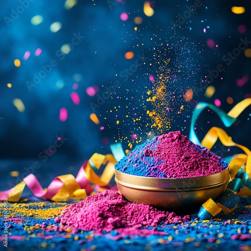 A joyful Holi celebration background with rainbowcolored powders in the air and colorful streamers photo