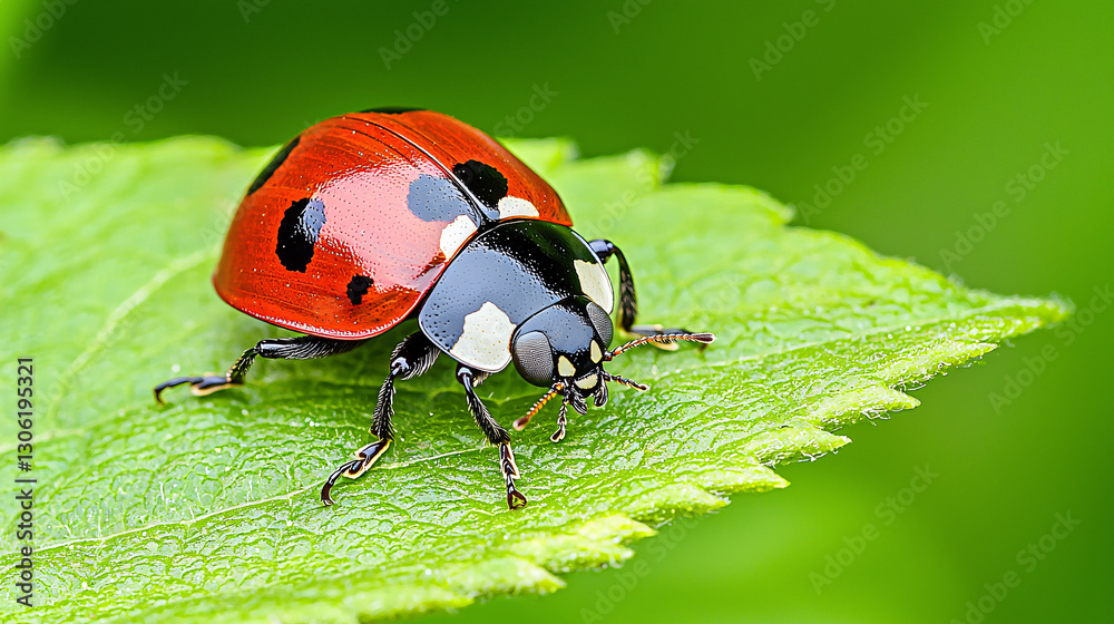 Fototapeta premium Ladybug Perched on a Green Leaf in a Garden Environment Capturing the Beauty of Nature and Wildlife