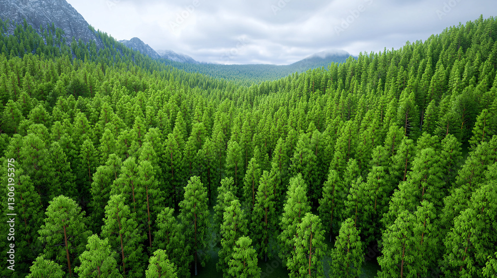 Fototapeta premium Lush Green Forest Canopy Landscape with Distant Mountains Under a Cloudy Sky High Angle View