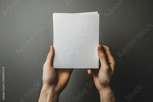 Caucasian male hands holding two blank paper sheets against a grey backdrop photo