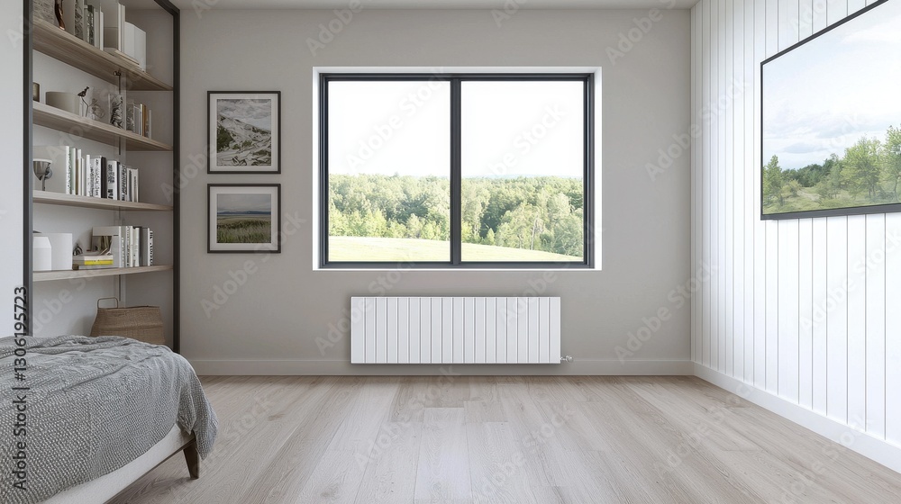 Fototapeta premium Modern Minimalist Bedroom with Natural Light and Scenic View