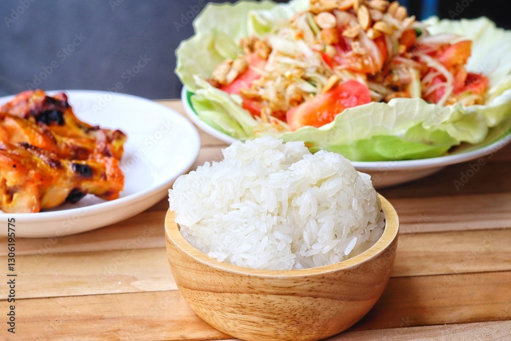 Papaya salad spicy and sticky rice Thai food Papaya salad spicy and sticky rice Thai food