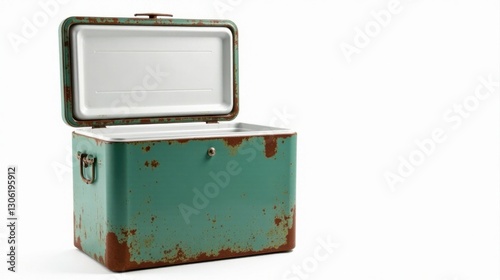 A weathered teal vintage ice chest, open and ready for adventure, showcasing its rustic charm and timeworn patina, a testament to enduring journeys and cherished memories.
