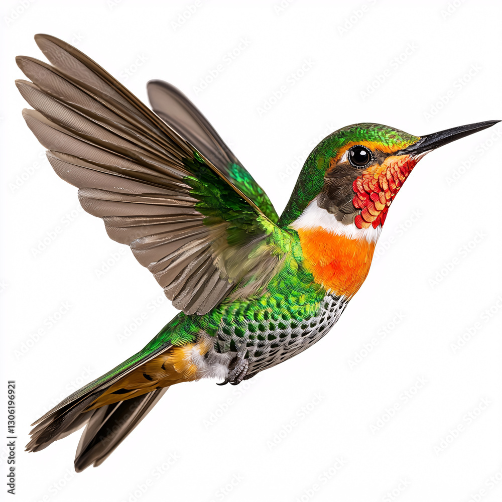 Fototapeta premium Vibrant Rufous Spectacled Hummingbird in Dynamic Flight with Open Wings on a White Background