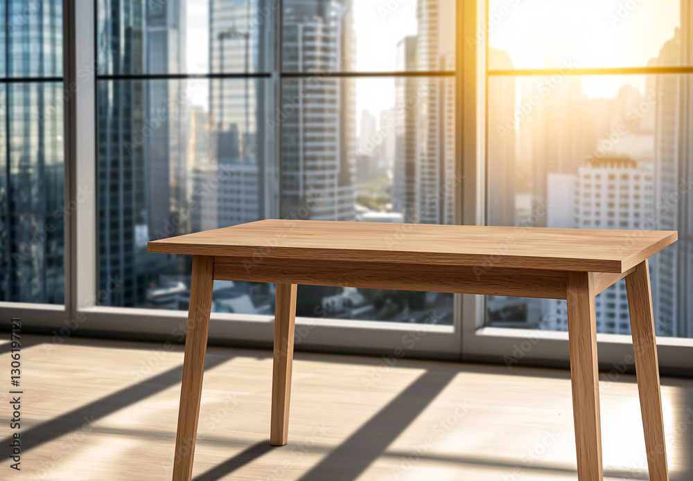 Fototapeta premium Wooden Table by Window with Skyscraper View and Sunlight Reflections in Modern Interior Scene