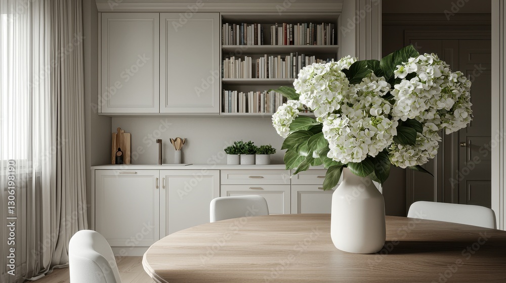 Fototapeta premium Elegant Dining Space with Fresh White Hydrangeas in a Modern Interior