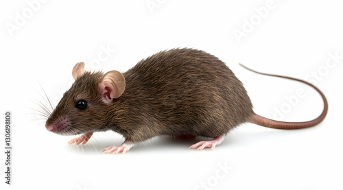 Close-up studio shot of a brown rat with long tail on white surface