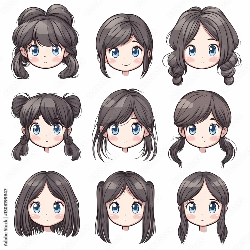 Varied hairstyles on anime-style faces with blue eyes showcase different looks, expressions, and hair arrangements. The style is lighthearted. Varied hairstyles on anime-style faces with blue eyes showcase different looks, expressions, and hair arrangements. The style is lighthearted.