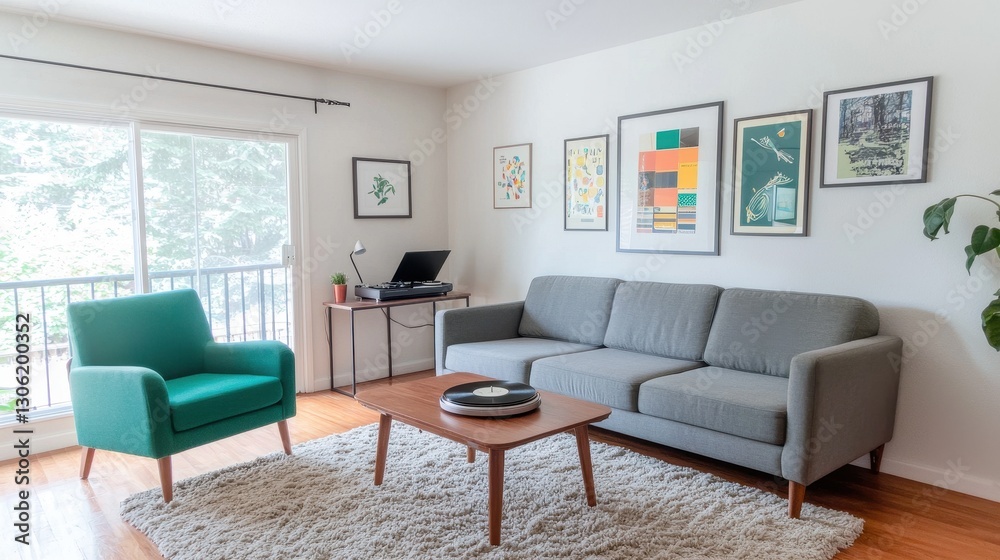 Modern Living Room with Art Prints, Sofa, and Green Accent Chair Modern Living Room with Art Prints, Sofa, and Green Accent Chair