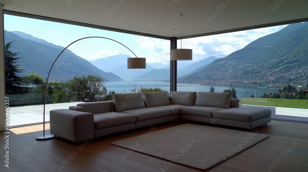 Fototapeta premium Elegant Modern Living Room with Scenic Lake and Mountain View