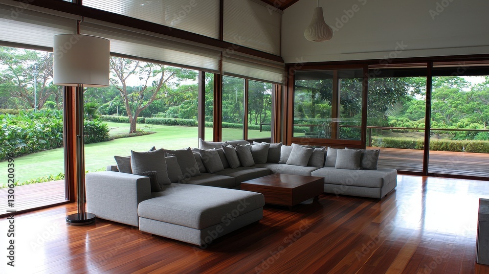 Modern Living Room with Large Windows and Comfortable Sofa Set Modern Living Room with Large Windows and Comfortable Sofa Set