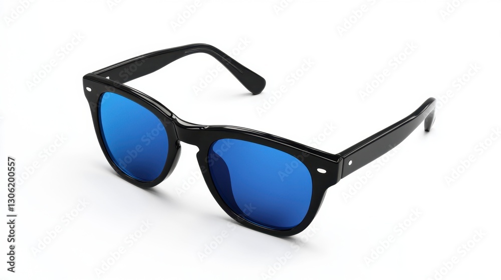 Stylish Black Sunglasses with Blue Lenses on a White Background Stylish Black Sunglasses with Blue Lenses on a White Background