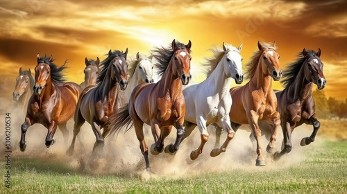Majestic Herd of Horses Galloping at Sunset: A Breathtaking Display of Freedom and Wild Beauty in Nature