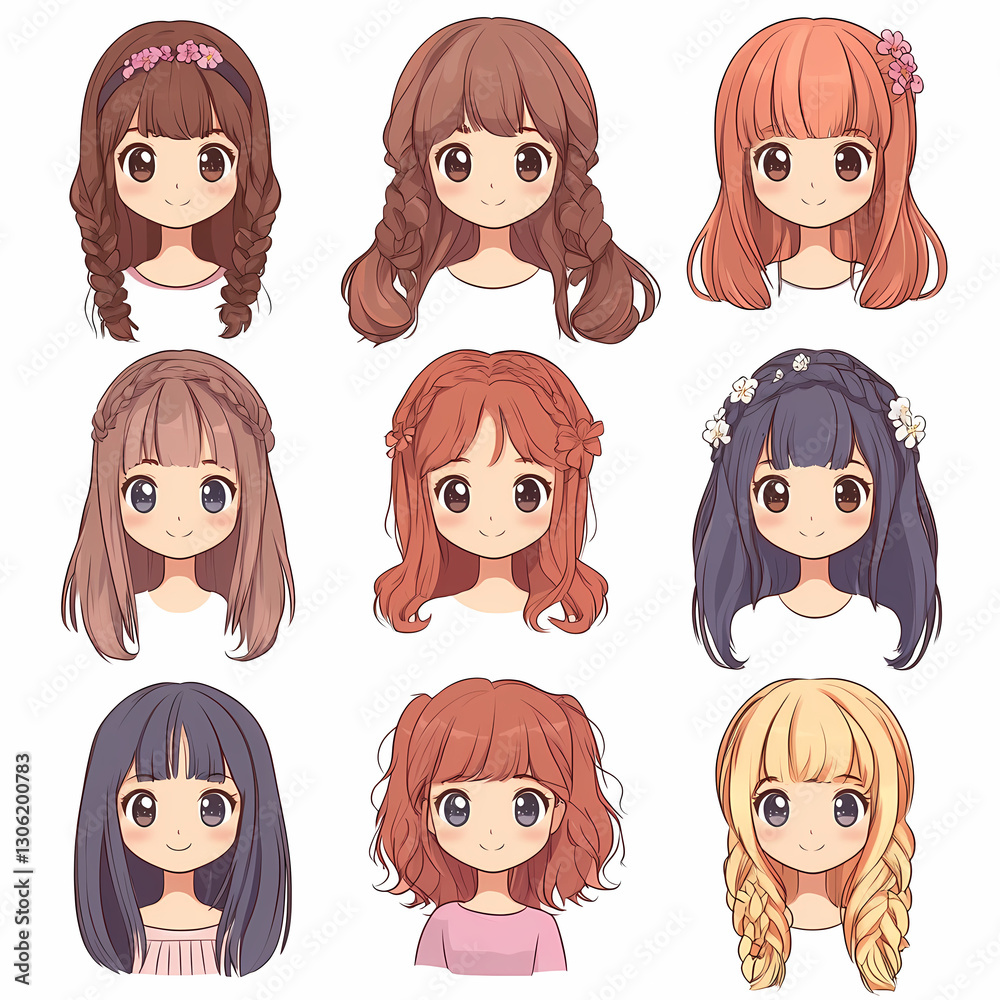 Nine cartoon characters are shown with diverse hairstyles, including braids, waves, and straight hair, in different colors and styles. Nine cartoon characters are shown with diverse hairstyles, including braids, waves, and straight hair, in different colors and styles.