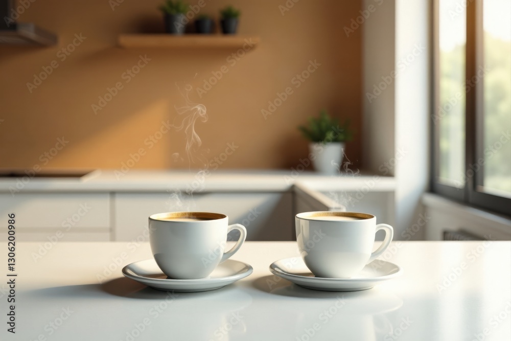 Two steaming cups of coffee on a white kitchen counter near a window Two steaming cups of coffee on a white kitchen counter near a window