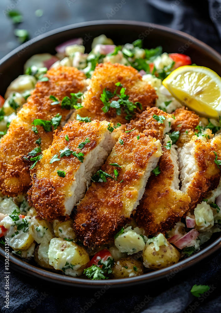 Fototapeta premium Delicious Austrian schnitzel with potato salad, garnished with fresh parsley and lemon slice close up shot for menu concept