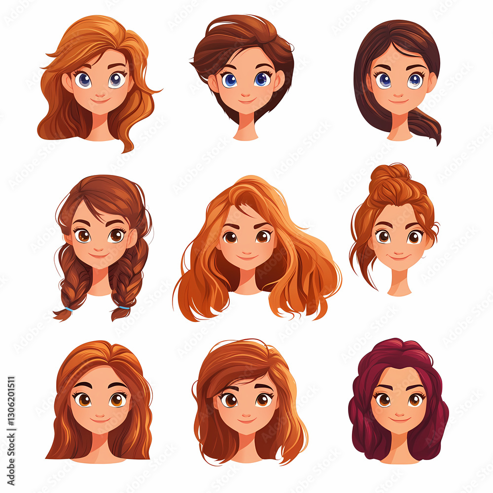 Cartoon portraits of diverse hairstyles. A set of nine women with various colors and styles, showcasing hair design options in an animated format. Cartoon portraits of diverse hairstyles. A set of nine women with various colors and styles, showcasing hair design options in an animated format.