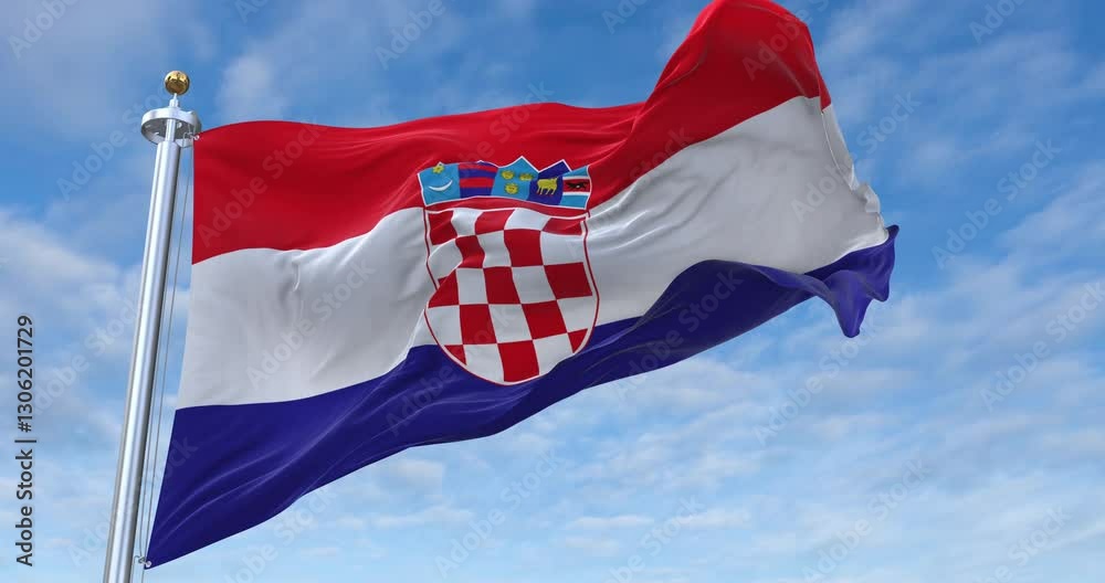 Croatia flag with flagpole waving in wind, rolling clouds background looping, 4K video (Perfect Loop)