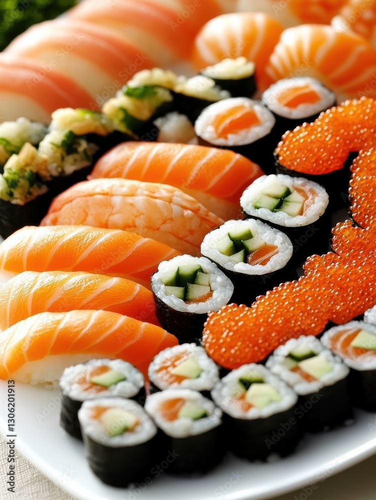 Close-up of a beautifully arranged plate of fresh sushi featuring various types and vibrant colors Close-up of a beautifully arranged plate of fresh sushi featuring various types and vibrant colors