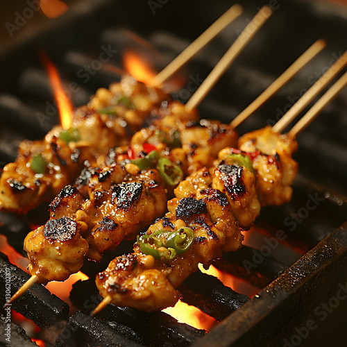 Delicious grilled satay skewers with peanut sauce on a fiery barbecue grill