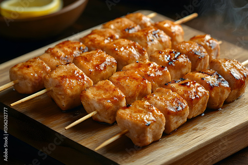 Delicious Japanese Yakitori Skewers on a Wooden Board Ready to be Served photo