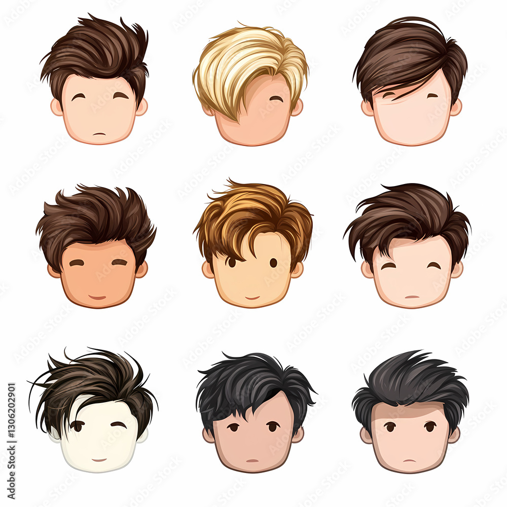 Various illustrated male hairstyle designs showcasing different colors, textures, and styles, each set upon a face with closed eyes and neutral expression. Various illustrated male hairstyle designs showcasing different colors, textures, and styles, each set upon a face with closed eyes and neutral expression.