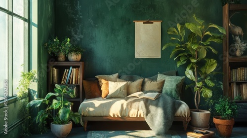 Cozy reading nook featuring green-painted walls and plush seating with plants for a tranquil atmosphere