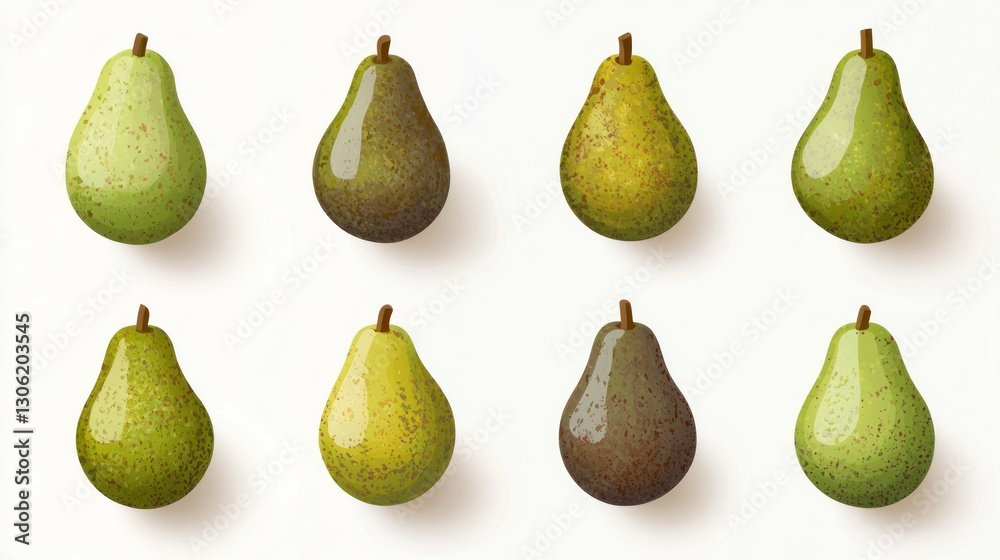 Collection of pears, various shades, flat lay Collection of pears, various shades, flat lay