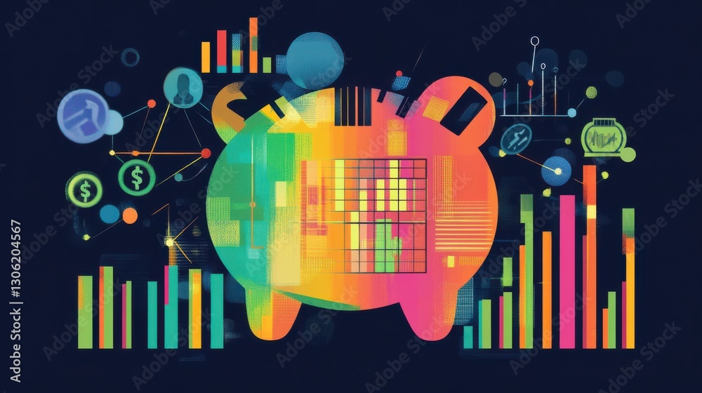 Obraz premium Colorful piggy bank illustration surrounded by financial symbols and data visualizations