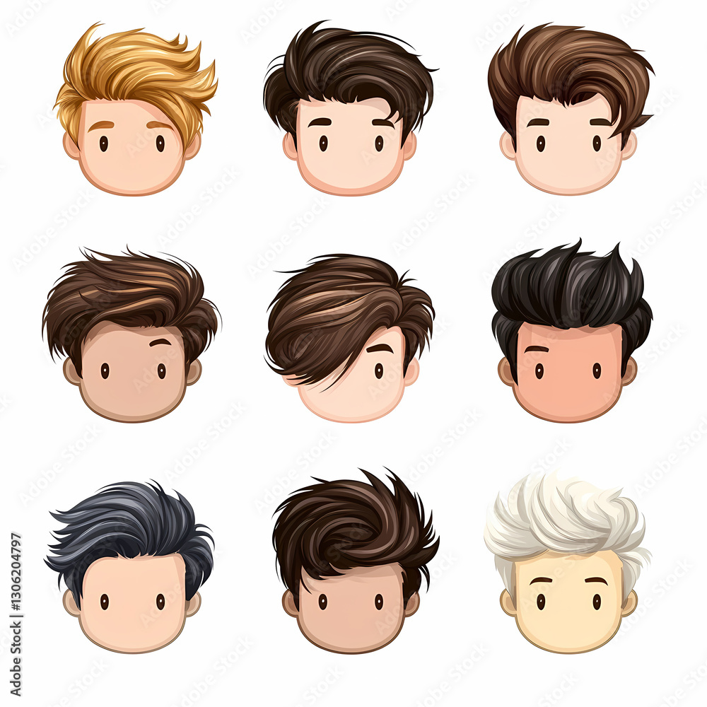 Cartoon male heads show different hairstyles. Nine different styles, from spiky and combed, with different colors, make a unique collection. Cartoon male heads show different hairstyles. Nine different styles, from spiky and combed, with different colors, make a unique collection.