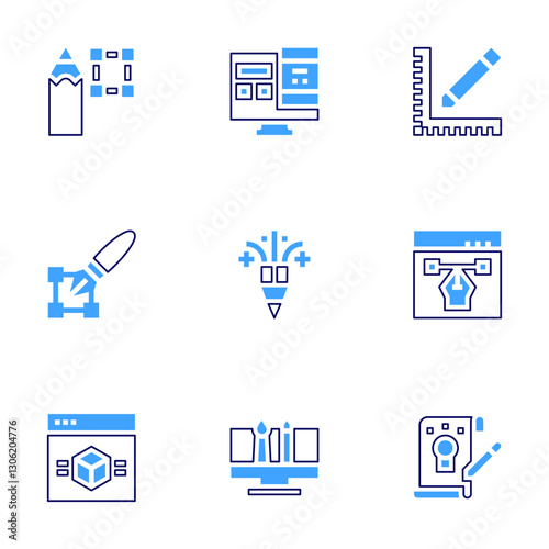 Design icon set. Bold line style. Duotone colors. Editable stroke. transform, design thinking , web design , d design , graphic design , responsive design