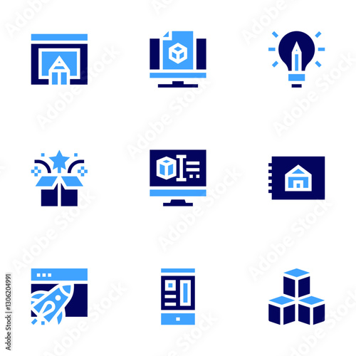 Design icon set. Bold style. Duotone colors. cubes, house plan, d design, design thinking, web design , design , app design