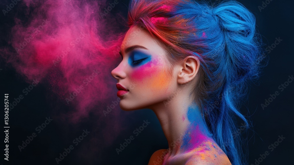 Naklejka premium Woman with bright blue and pink makeup portrait in studio setting with soft lighting