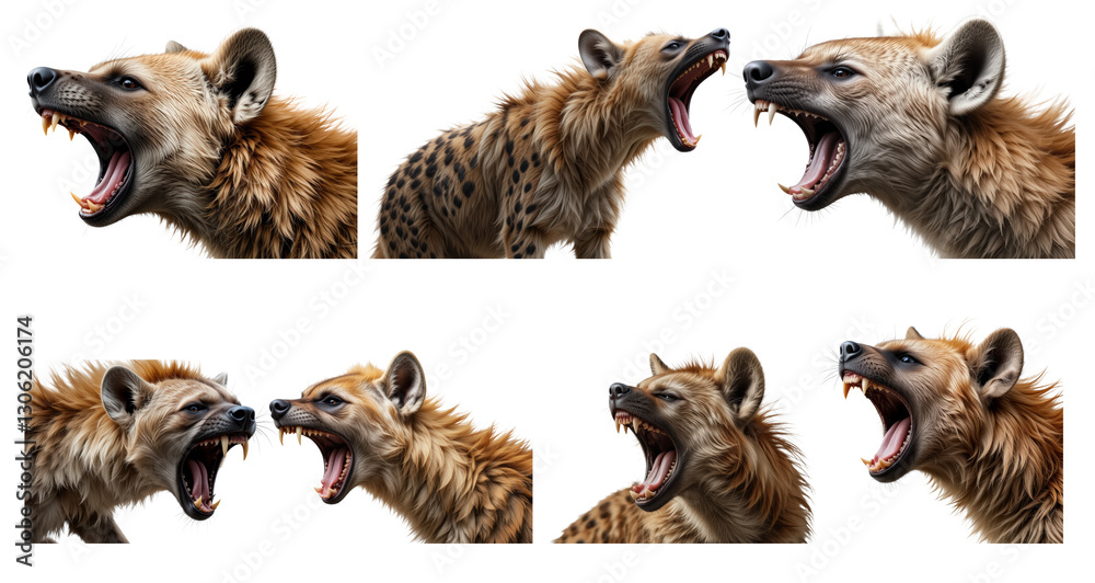 Obraz premium Collection of hyenas howling and showing their sharp canine teeth, isolated on transparent background.