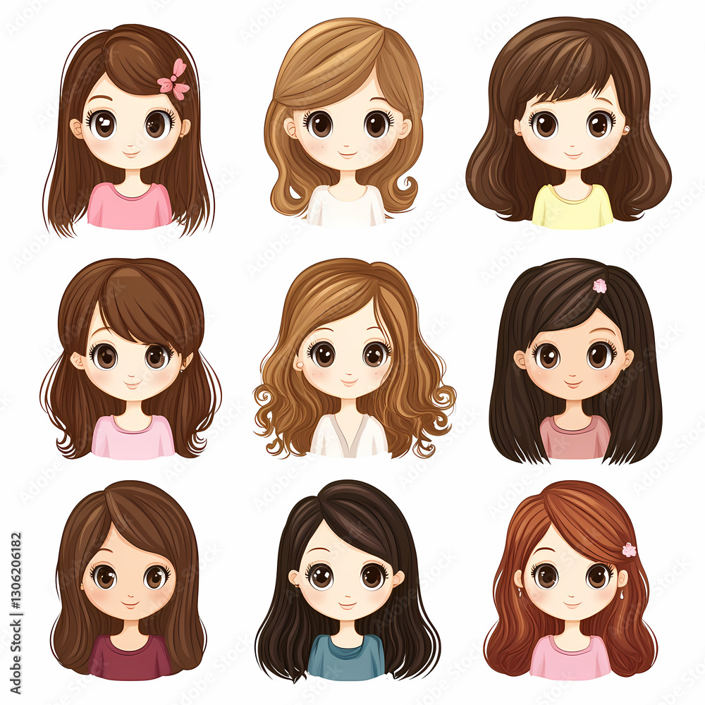 Collection of nine cute cartoon girls with varied hairstyles, hair colors, and outfits. The images are in a clean, consistent, and appealing style. Collection of nine cute cartoon girls with varied hairstyles, hair colors, and outfits. The images are in a clean, consistent, and appealing style.