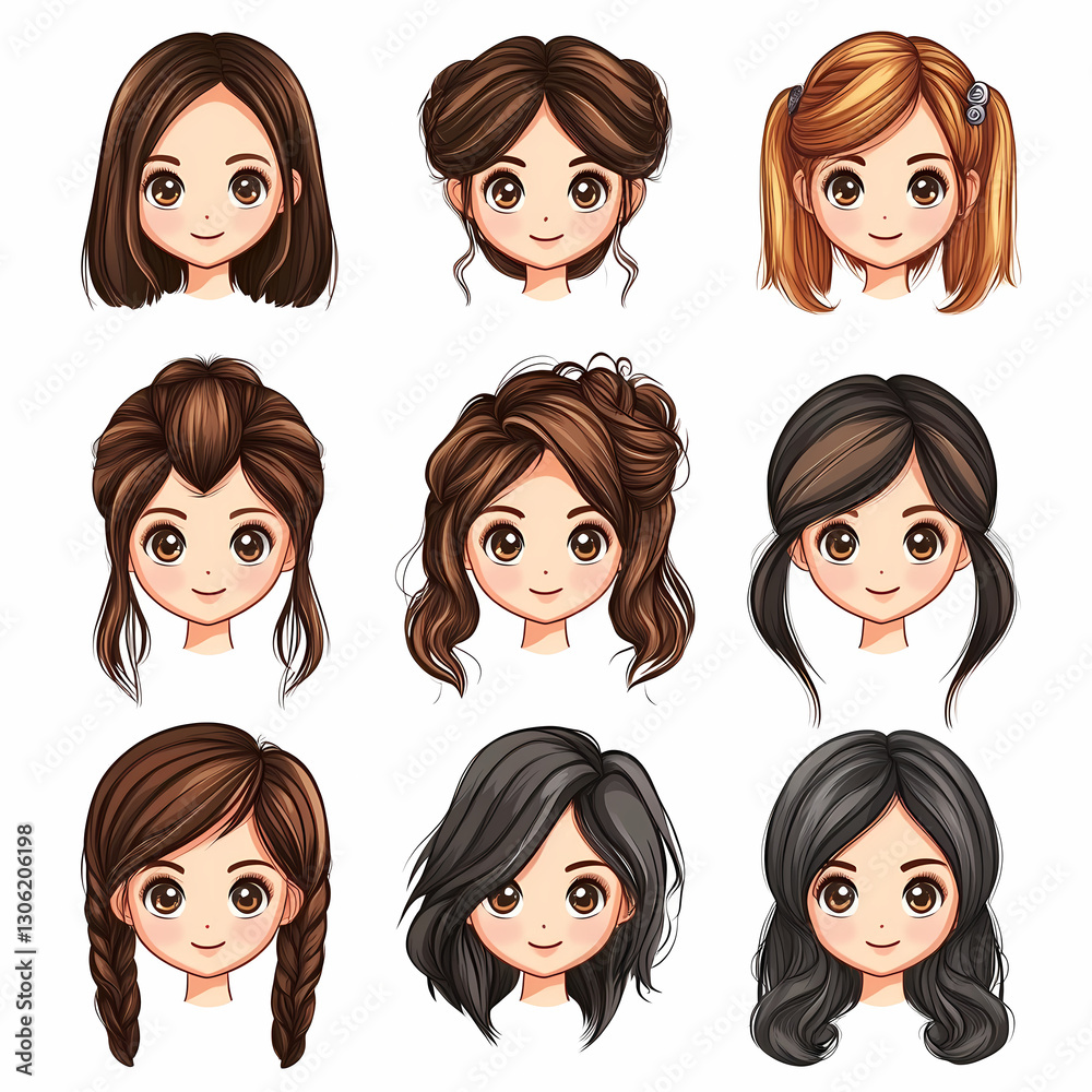 Cartoon character heads with various hairstyles: short bob, braided pigtails, elegant up-dos, and loose, wavy locks. Each face has large brown eyes. Cartoon character heads with various hairstyles: short bob, braided pigtails, elegant up-dos, and loose, wavy locks. Each face has large brown eyes.