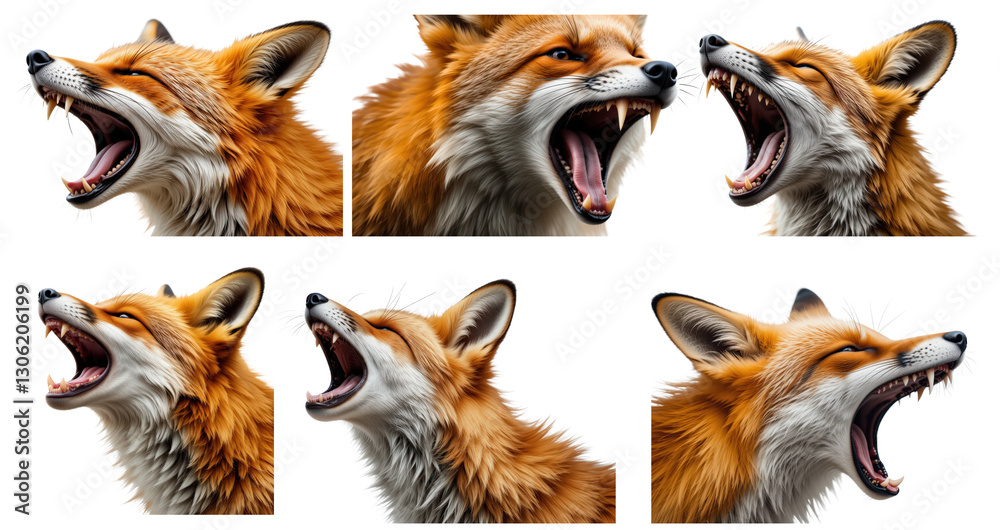 Fototapeta premium Collection of foxes howling and showing their sharp canine teeth, isolated on transparent background. 