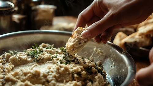 A close up hand dipping a piece of pitta brad hummus